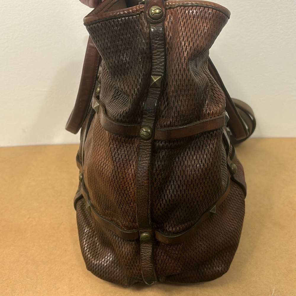 Campomaggi Large Studded Leather Purse Tote Bag Perforated Brown Cognac - Picture 7 of 14